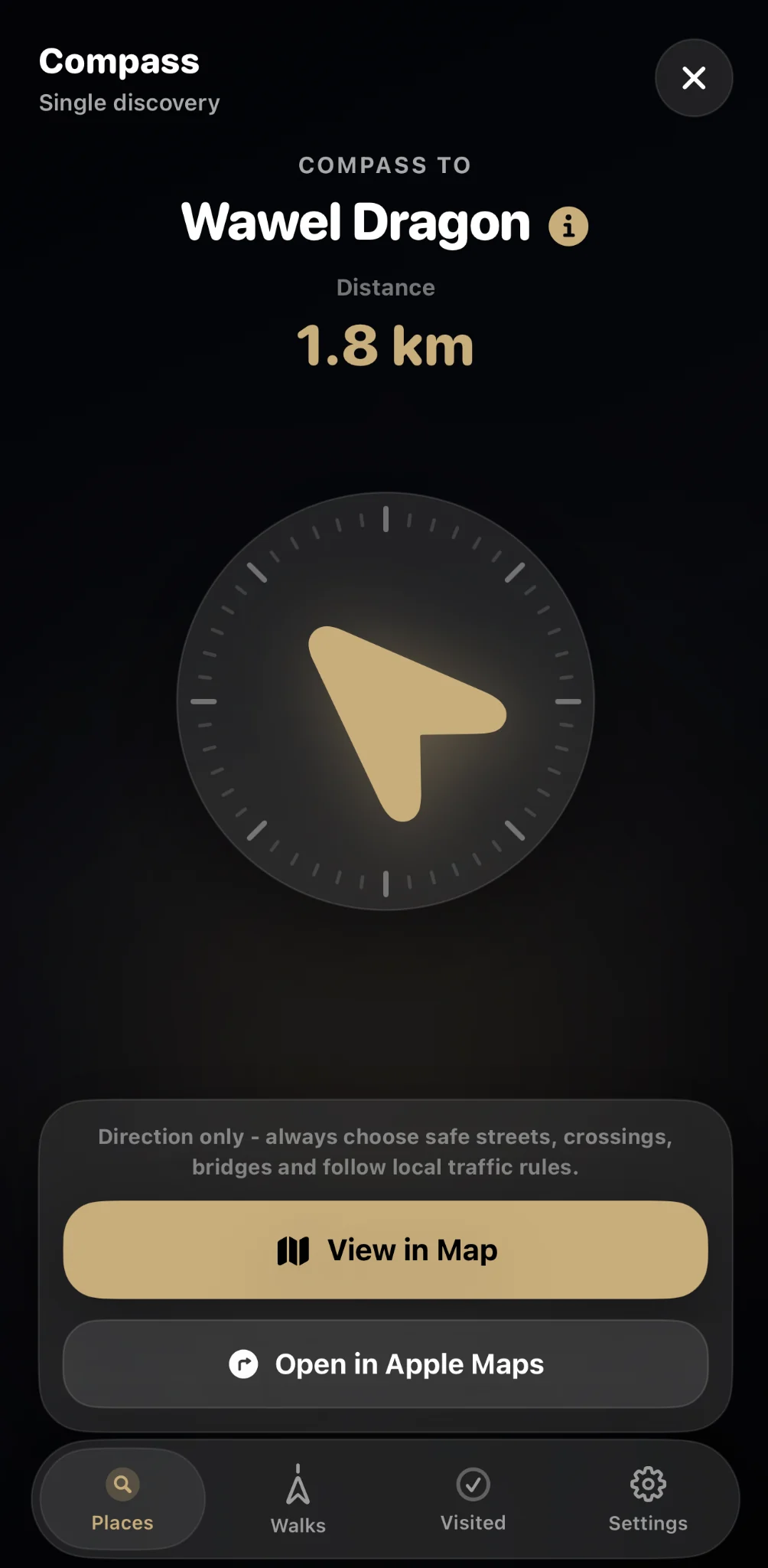 Krakow Compass compass screen guiding the user to Wawel Dragon