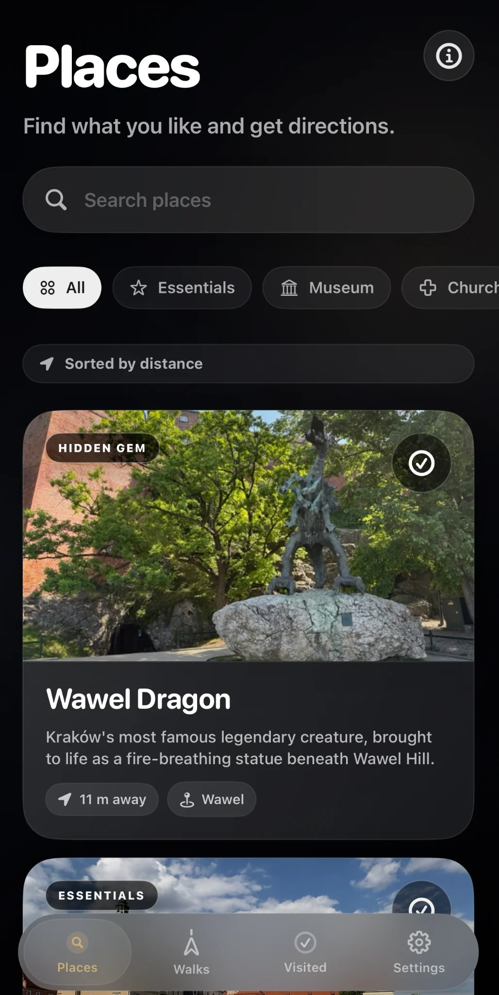 Krakow Compass Places screen showing nearby Kraków attractions and category filters
