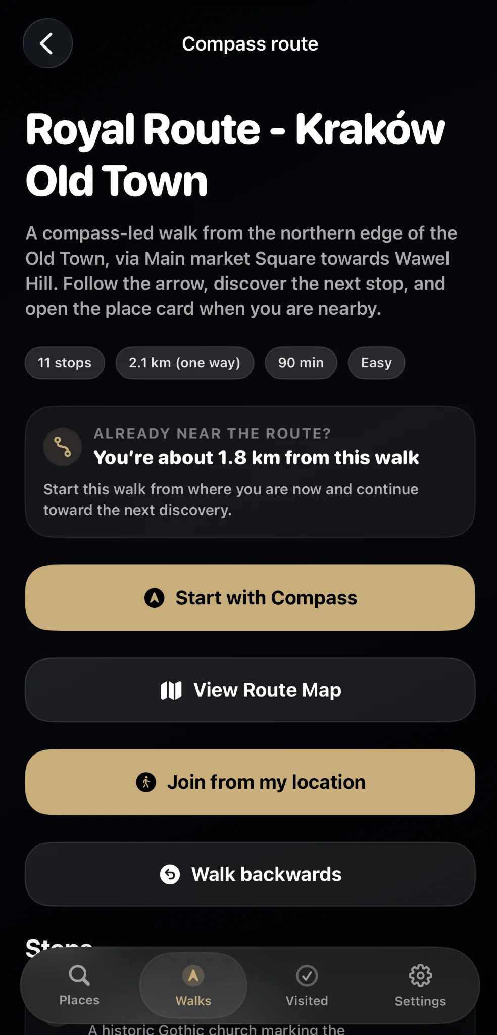 Krakow Compass Royal Route details screen with route options