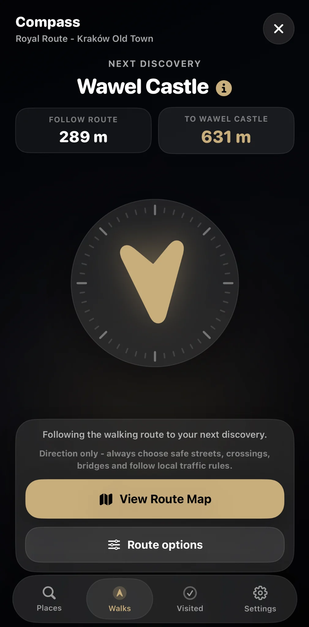 Krakow Compass Royal Route compass screen showing the next discovery