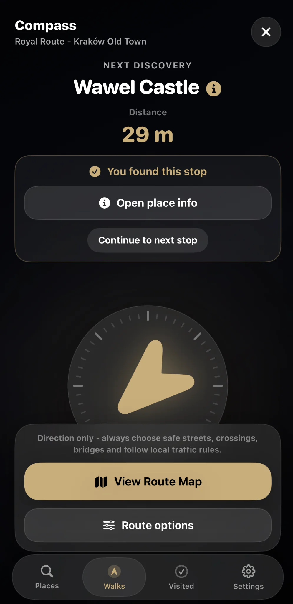 Krakow Compass route stop arrival screen for Wawel Castle