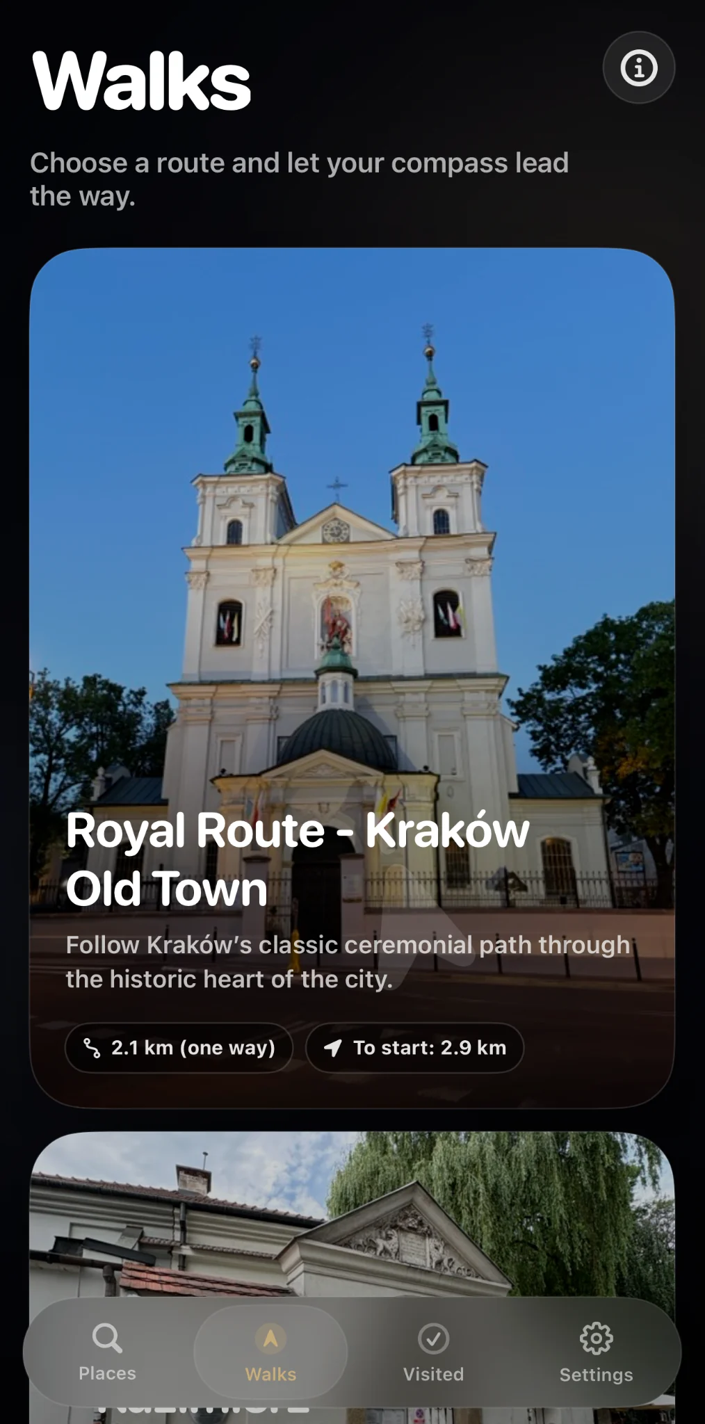 Krakow Compass Walks screen with ready-made Kraków walking routes