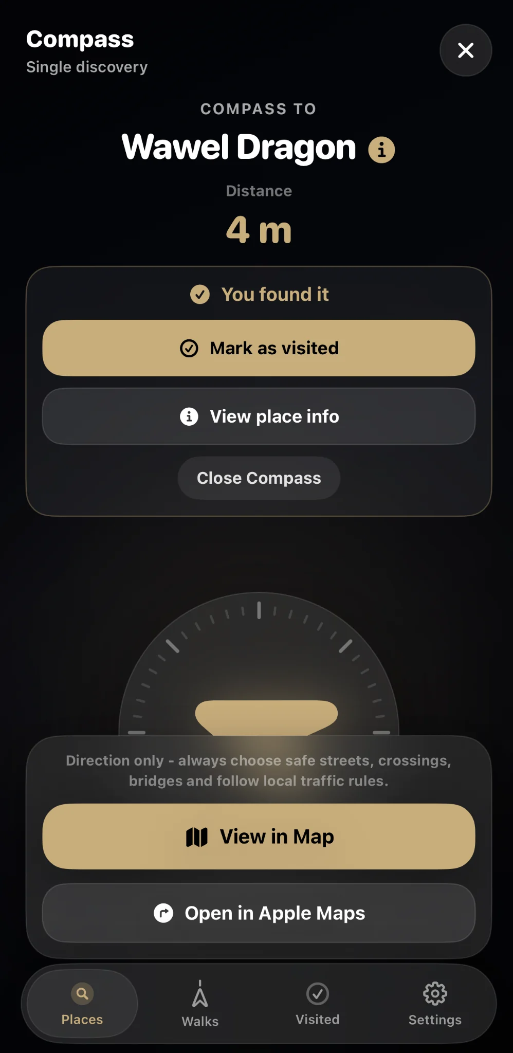 Krakow Compass arrival screen after finding Wawel Dragon