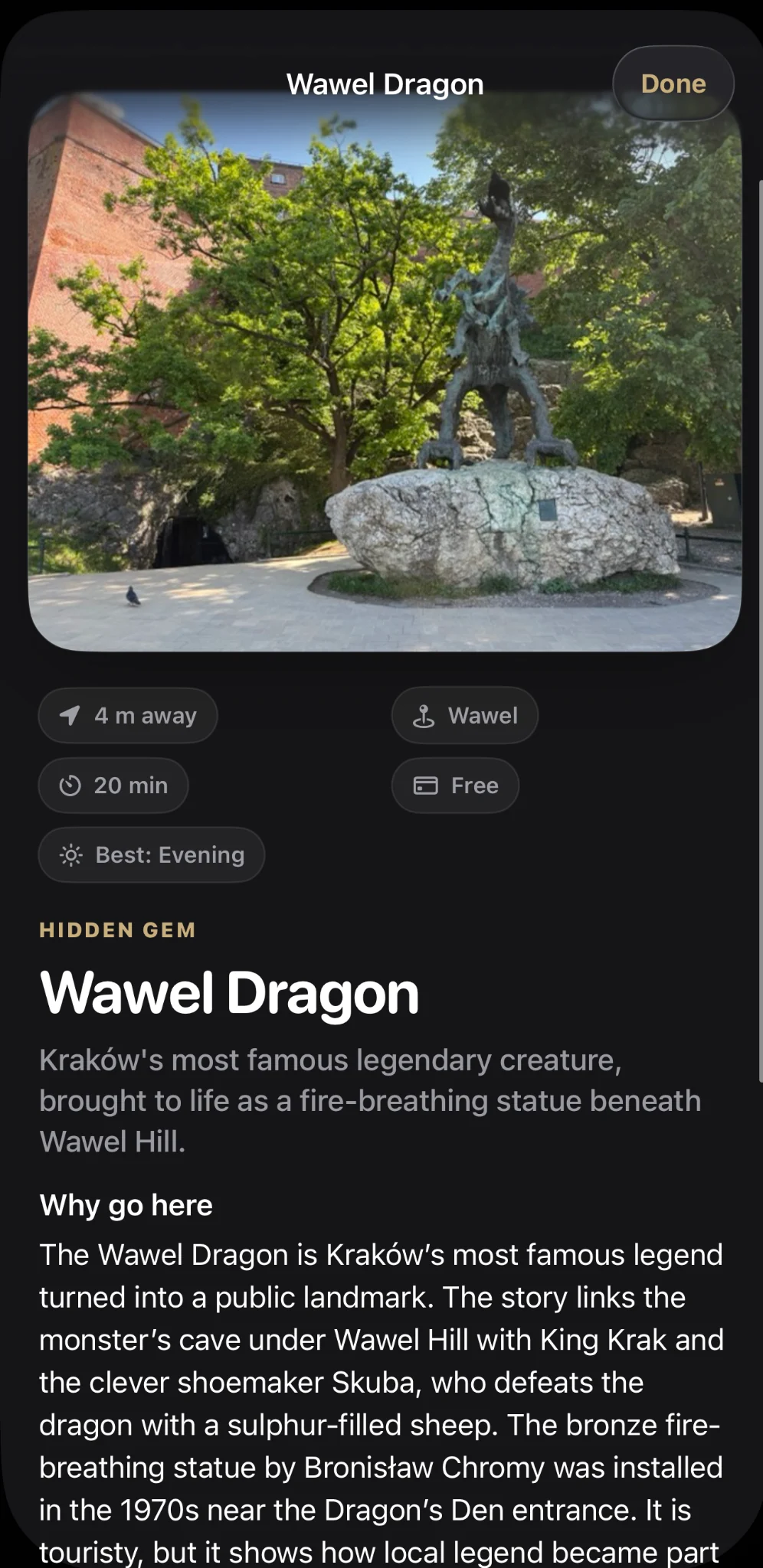 Krakow Compass place info screen with Wawel Dragon details and local tip